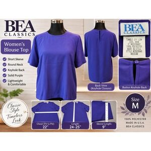 Bea Classics Purple Blouse Short Sleeve Keyhole Back Top Size M Made in USA